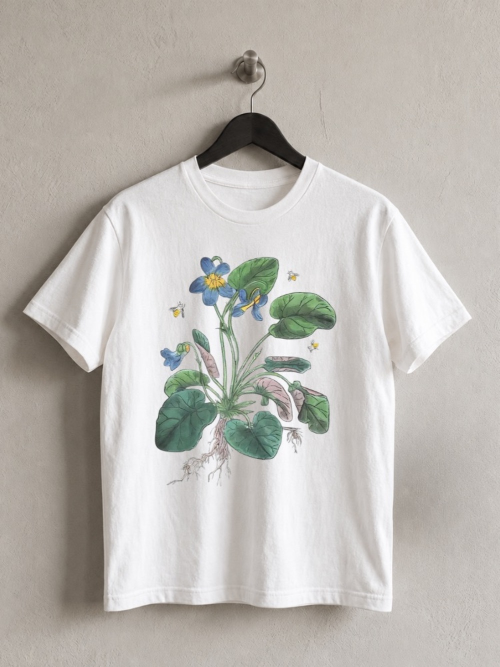 Retro White Botanical and Bee Graphic Tee with Blue & Green Floral Print